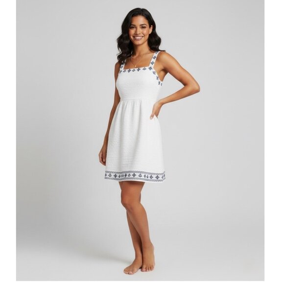 Boho Floral Embroidered Edge Criss Cross Back Dress White - Picture 1 of 9